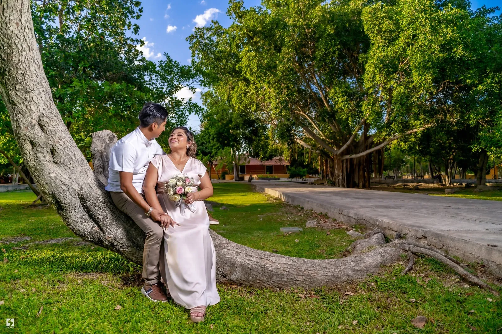 Pareja sentada en el tronco de un árbol en un parque